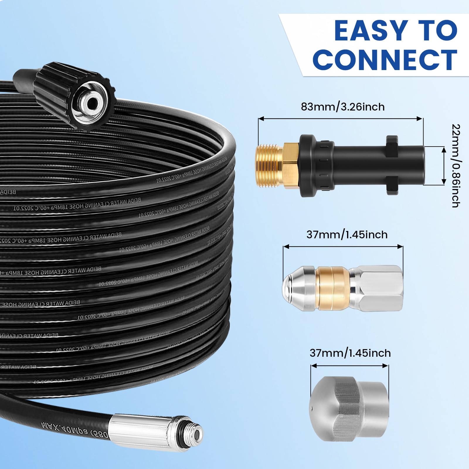 20M Tuyau Déboucheur Canalisation Haute Pression, Tuyau Flexible 180 Bar 60°C, Kit Furet Professional avec Adaptateur,Buse Fixe/Rotative, Rallonge De Tuyau Compatible Avec Kärcher K2-K7