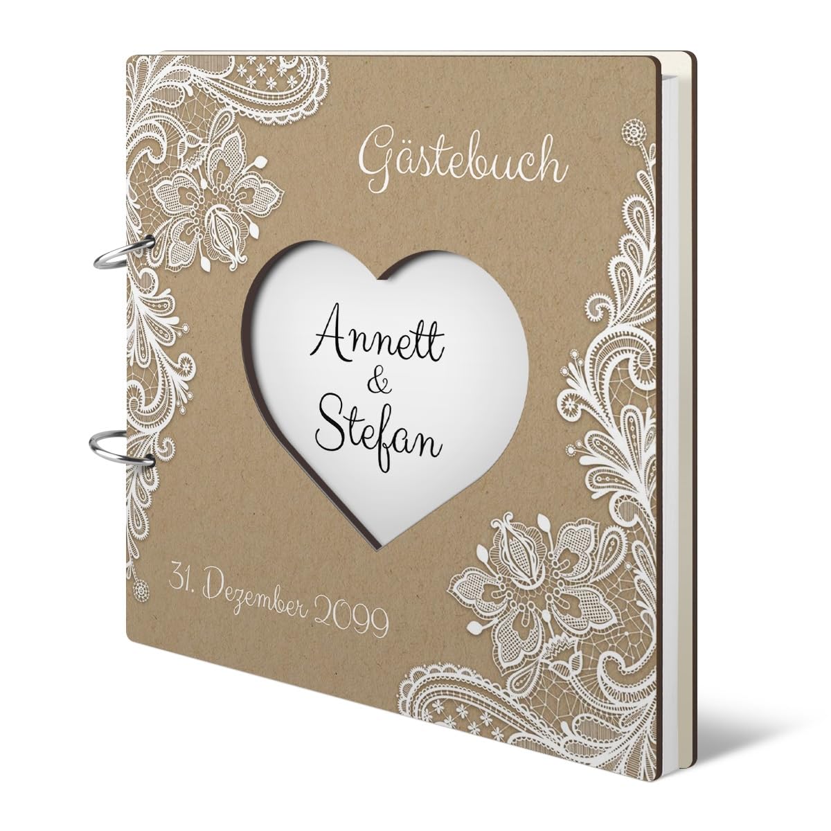 Hochzeit Gästebuch Holzcover 215 x 215 mm 144 Naturpapier Innenseiten personalisiert lasergeschnitten - Rustikal Kraftpapier
