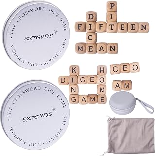 Wooden Letter Dice Word Game Set – 2-Set (15 & 18), Crossword Word Game for Adults, Letter Tile Spelling Game with Storage Bag & Travel Carry Pouch
