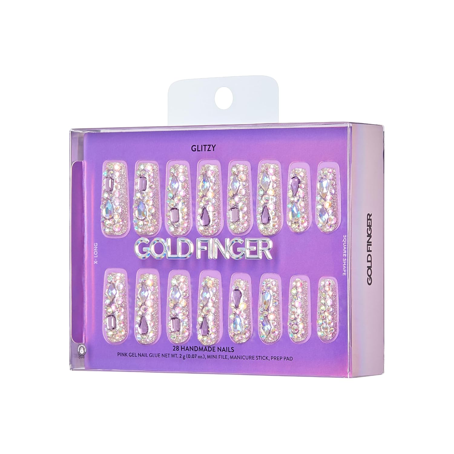 Glitzy 3D Handmade Press On Nail Kit, Multicolor Rhinestone Gem X-Long Square False Nail, Reusable & Lasts Up To 2 Weeks, Seamless Snug Fit Technology, Includes Glue, File & 28Pcs Manicure Set