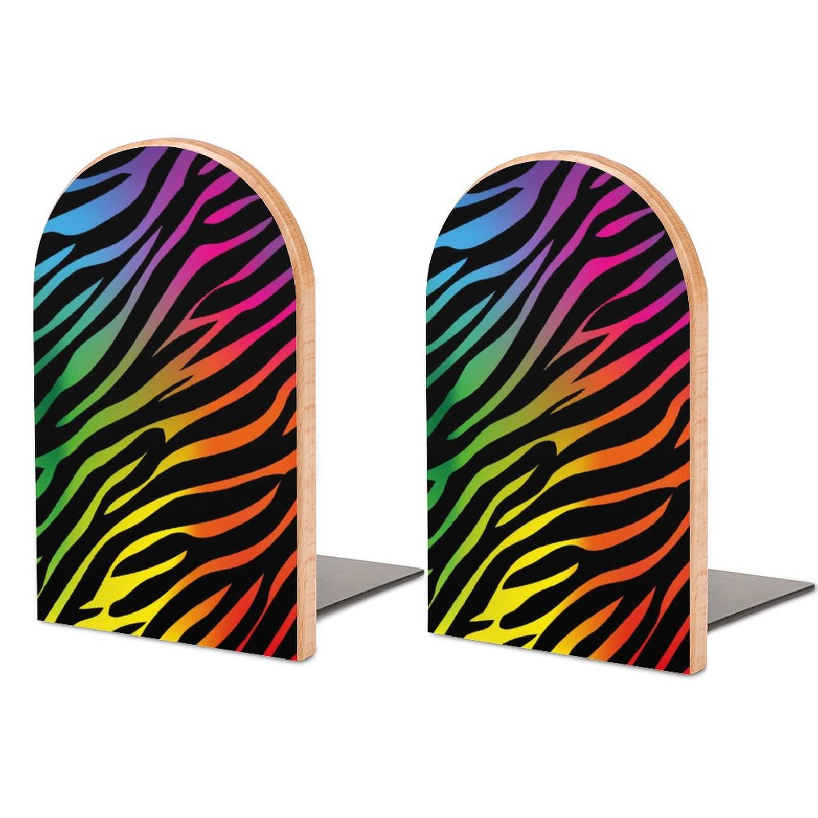Sujetalibros de madera para libros pesados, con estampado de cebra arcoíris, sujetalibros de madera para estantes, sujetalibros antideslizantes para oficina, hogar, escritorio, 2 piezas