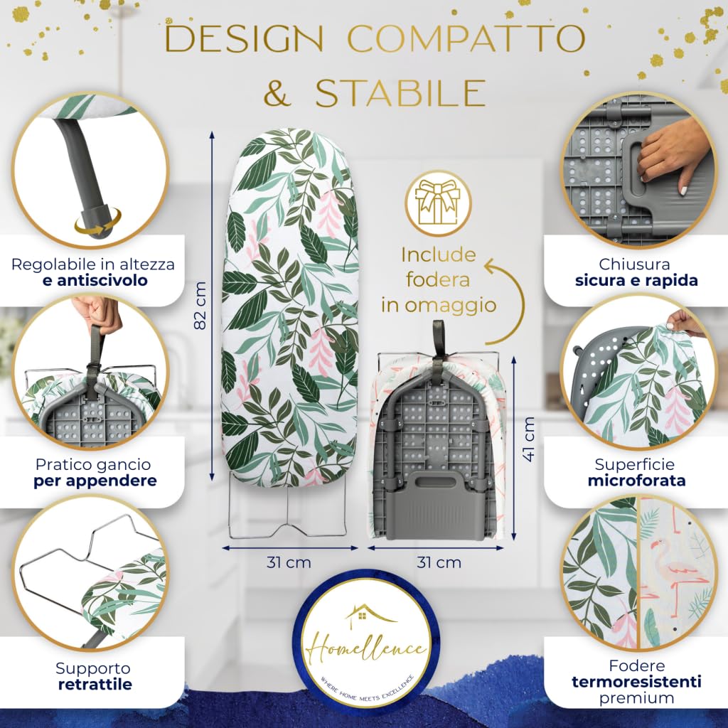 Homellence Asse Stiro Salvaspazio da Viaggio - Mini Asse Stiro da Tavolo Pieghevole Piccolo con Meccanismo Brevettato - Foldable Ironing Board - 2 Coperture Premium - Piccolo e Compatto (Verde)