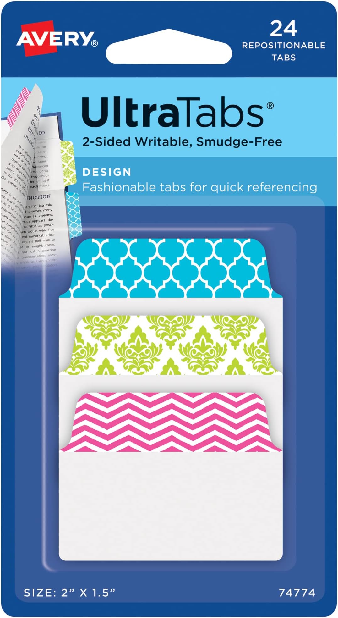 Avery Multi-Purpose Design Ultra Tab, 2" x 1.5", Double-Sided Writable, Pastel Design, 24 Repositionable Tabs (74774)