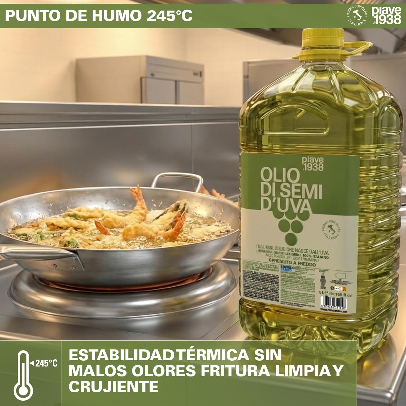 PIAVE 1938 Aceite de Semilla de Uva 5L, 100% Italiano, Alto Punto de Humo para Freír y Cocinar, Aceite Base de Masaje Neutro y Natural, Rico en Vitamina E, Garrafa Formato Profesional Hostelería