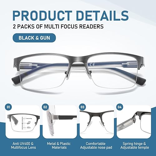 Miniatura 4 de LKEYE Gafas de lectura multifoco para hombre, sin línea, lector multifocal progresivo, luz azul, marco de metal, lentes trifocales