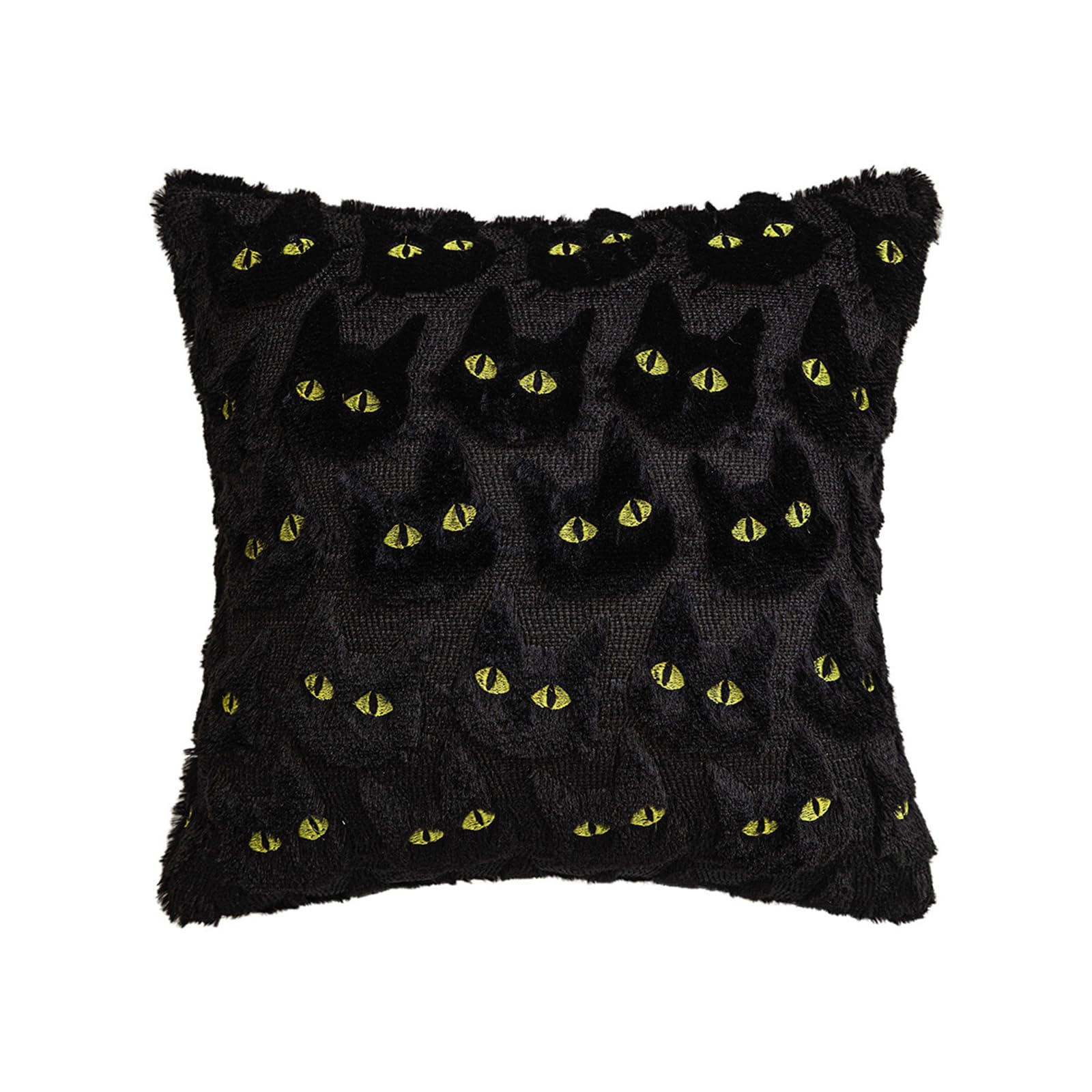 Yellow Eyes Halloween Cat Throw Pillow Cover Embroidered Plush Pillowcase (45X45cm Yellow)