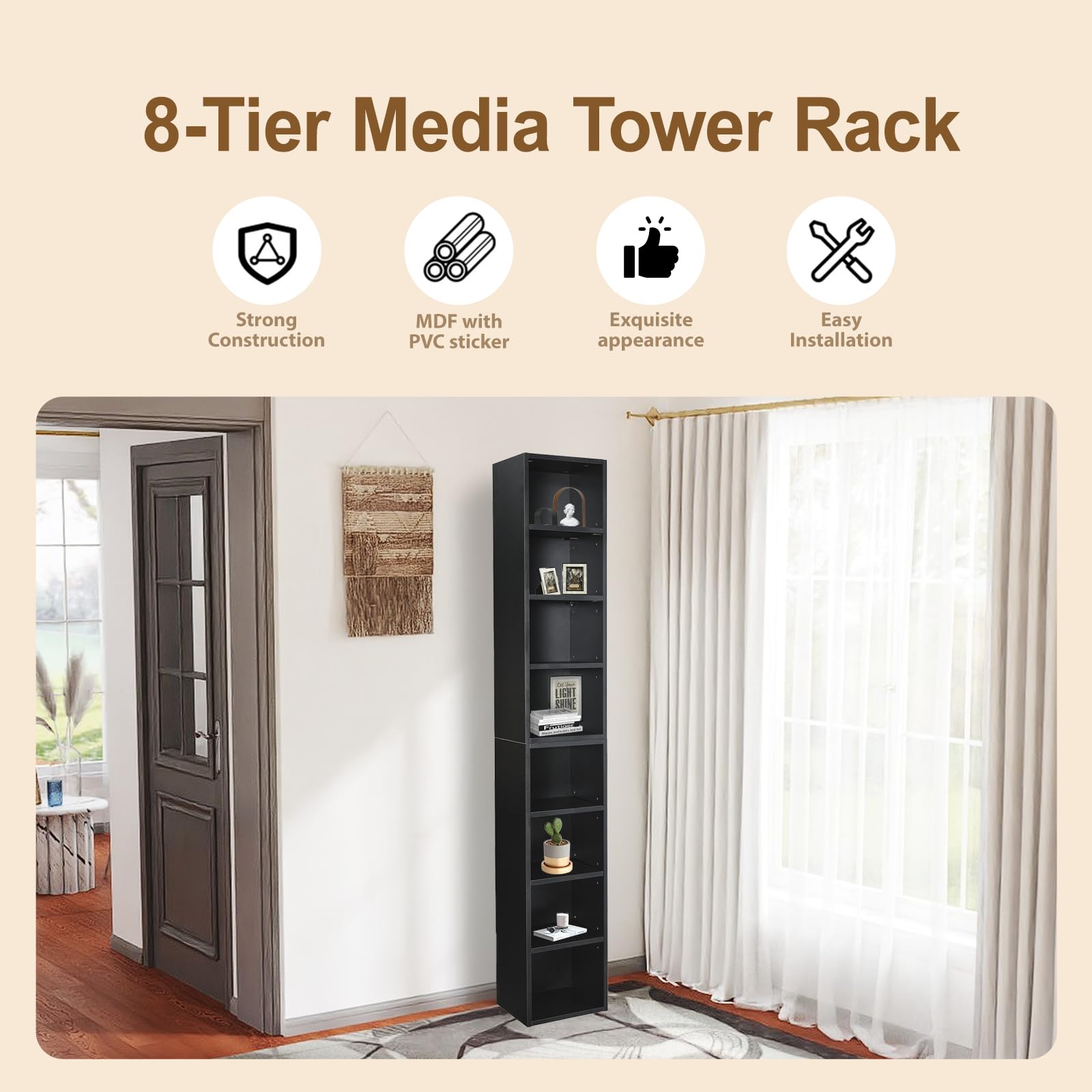 AnoYishev 8-Tier Media Tower Rack, 11.6 X 9.3 X 71 Inches CD DVD Slim Storage Cabinet with Adjustable Shelves, Tall Narrow Bookcase Display Bookshelf for Home Office (Black)