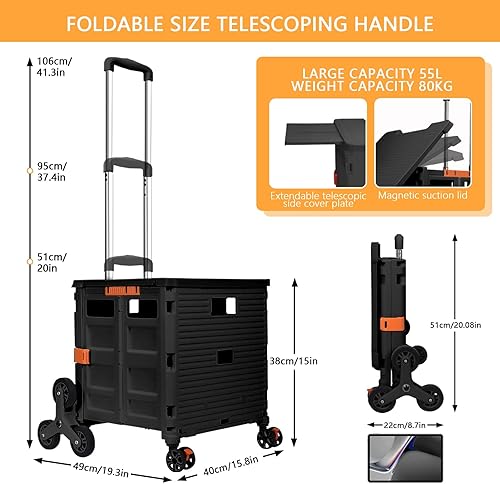 Miniatura 8 de Carrito utilitario plegable con ruedas de escalada de escalera, caja plegable con tapa magnética cubierta telescópica, mango telescópico, rueda