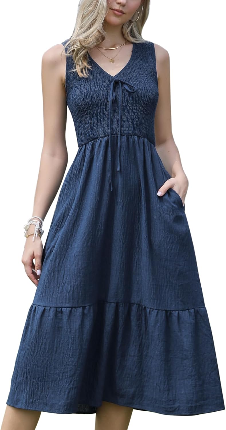 Allegra K Sleeveless Dress for Women V Neck Smocked A Line Summer Casual Tiered Midi Dresses