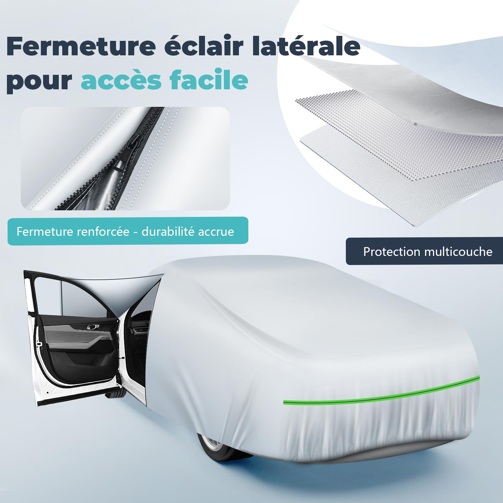 Bâche Voiture Extérieur Imperméable Anti-UV, Anti-Vent et Anti-poussière avec Fermeture Éclair Latérale, Housse pour Voiture 450 x 190 x 160 cm Argent (Compact SUV)