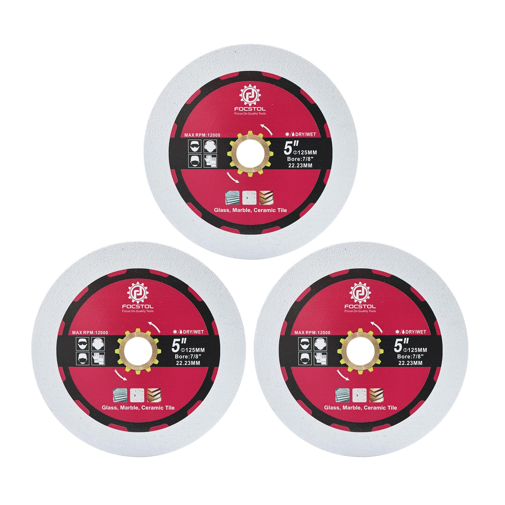 FOCSTOL Diamond Glass Cutting Disc - 3pcs 5''(125mm) Diamond Saw Blade for Glass Jade Crystal Wine Bottle for Angle Grinder Arbor 7/8'' x 5/8''