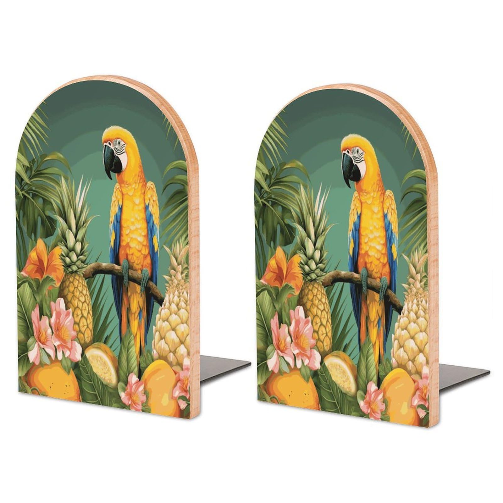 Large Summer Parrot Pineapple Bird Book End with Metal Base Fashion Heavy Duty Bookend Exquisite Wooden Bookends Non-Skid Book Stopper for Shelves Books Organizer for Office Home 1 Pair