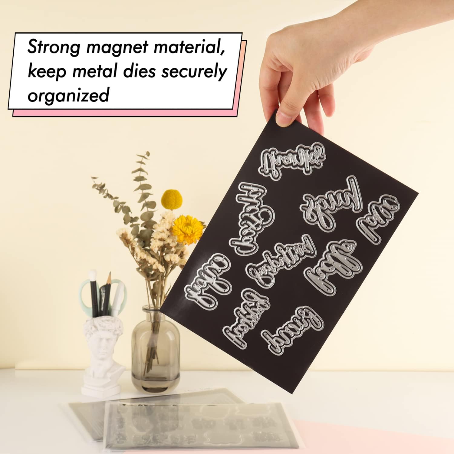 44 Pcs/Set12 Rubber Magnetic SheetsThickness0.8mmDouble-Sided Magnetic Sheets,12 Clear Stamp Die Storage Pockets 20 Label StickerEnvelope Case Cutting Dies Stencil Organizer for Card Making Storage