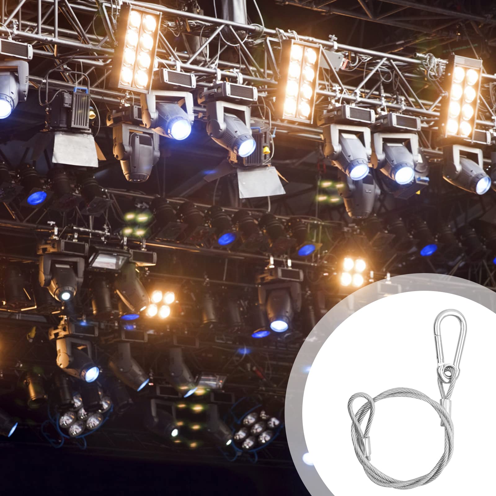 4 szt. Kabel bezpieczeństwa ze stali nierdzewnej 5 mm x 1 m z karabińczykiem i pętlą, kabel zapobiegający upadkowi do świateł scenicznych DJ, projektorów LED, wytrzymały kabel stalowy
