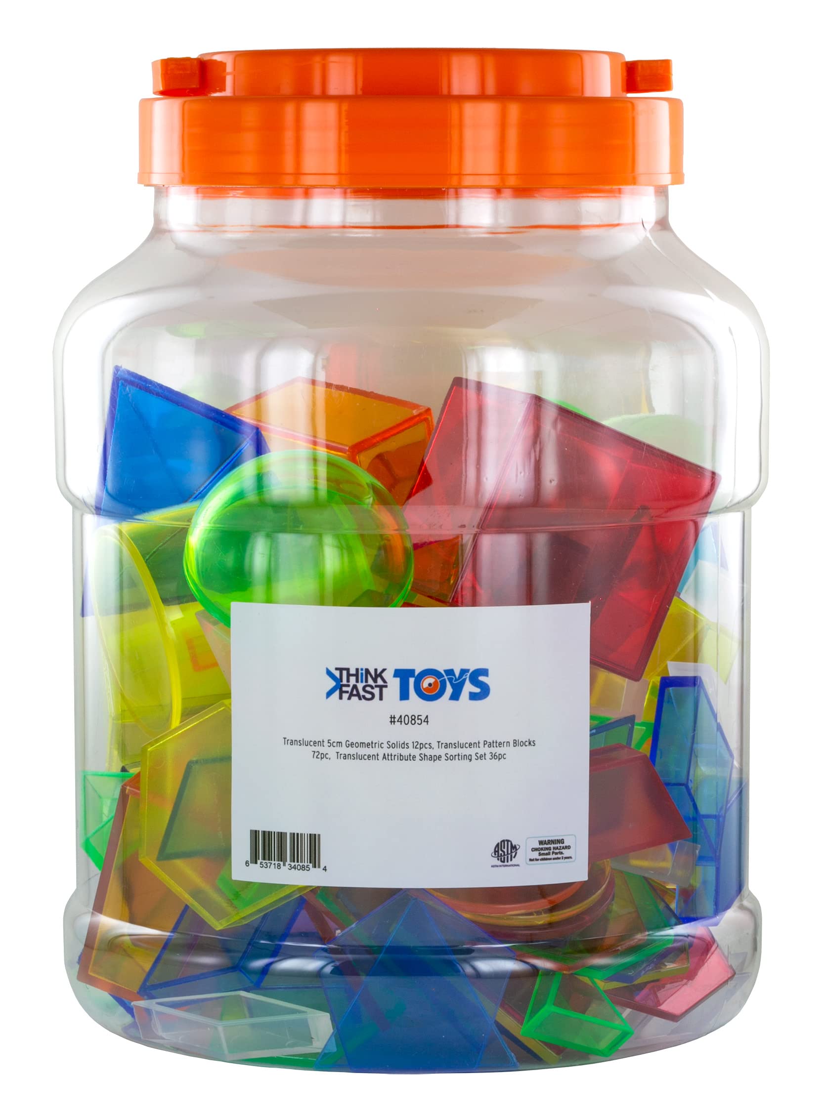 Think Fast Toys - Translucent Geometric Solids (5 cm) (12 Pieces) - Translucent Pattern Blocks (72 Pieces) - Translucent Attribute Shape Sorting Set (36 Pieces) - in Retail Packaging