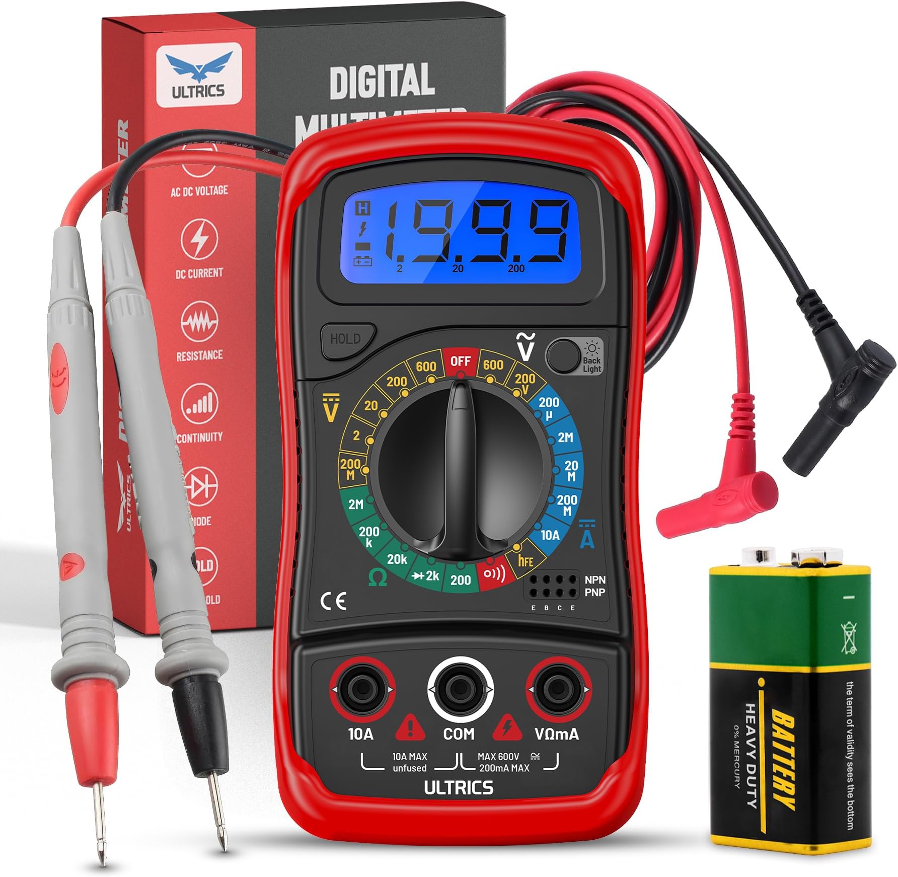 ULTRICS Digital Multimeter, Voltmeter Ammeter Ohmmeter with Test Leads Backlight LCD Display, Multi Tester Measures OHM AC DC Voltage Current Resistance Circuit Continuity Diodes Electric Tester