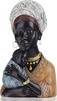 LCCCK African Mother and Son Figurine Art Sculptures,Resin African Princess African American Figurine,Mother Holding Baby Statue Suitable for Gratitude,Blessing, African Table Art Decor