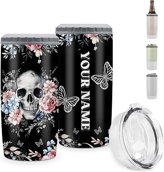 Jekeno Personalized 4-in-1 Gothic Skull Can Cooler for 12 oz Bottles