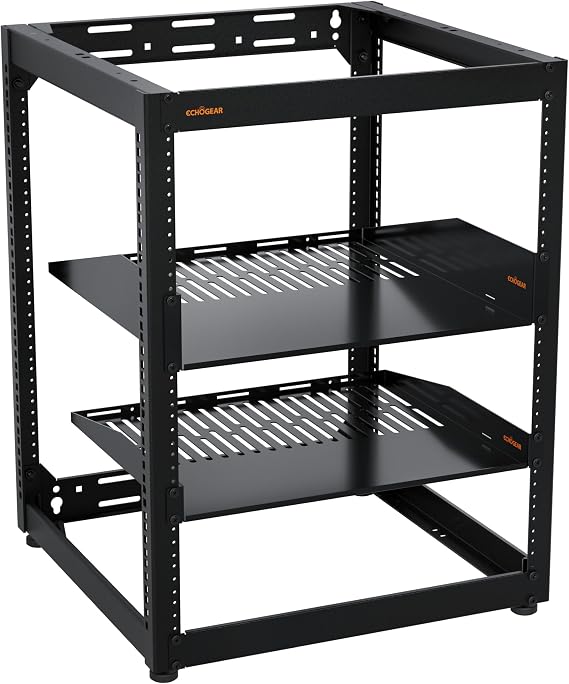 ECHOGEAR 15U Open Frame Rack for Servers & AV Gear - Wall Mountable Design Includes 2X Vented Shelves, 25x Rack Mounting Screws, 4X Leveling Feet, 4X Shelf Stops, 2X Securement Straps