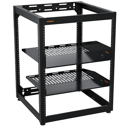 ECHOGEAR 15U Open Frame Rack w/Optimal Air Flow, DIY Assembly, 20.4” Depth | Wall mountable enclosure includes 2x vented shelves, 25x mount screws, 4x leveling feet, 4x shelf stops, 2x securement stops