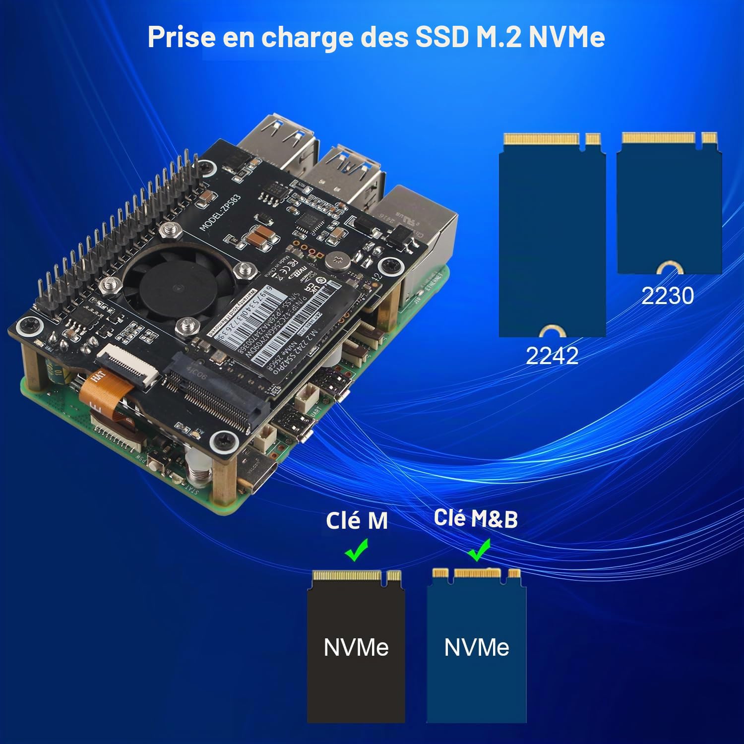ZDE ZP583 PoE+ Hat PCIe to M.2 Key-M NVMe SSD Adapter for Raspberry Pi 5 | Power Over Ethernet HAT, with Aluminum Alloy Heatsink Onboard Cooling Fan, Support M.2 NVMe SSD 2230 2242
