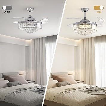Modern 42 Inches Dimmable Fandelier Crystal Retractable Ceiling Fans with Light and Remote, Invisible LED Crystal Chandelier Fan for Bedroom-Polished Chrome