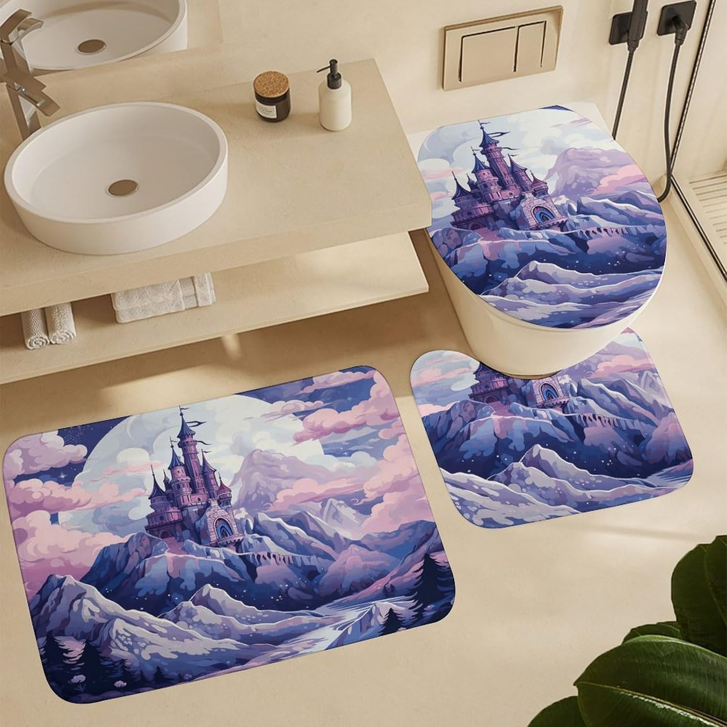 Four Piece Bathroom Set with Toilet Lid Cover and Non-Slip Rugs Minimalist Shower Curtain for Bathroom Set