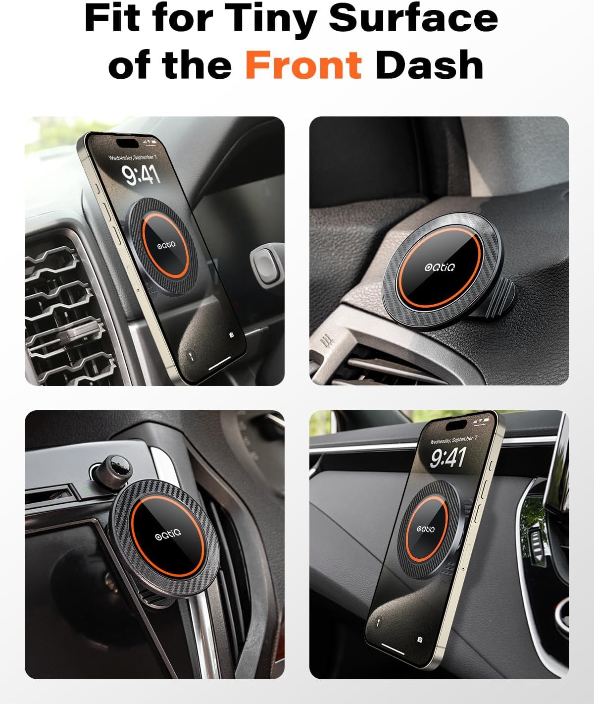 OQTIQ Magnetic Car Phone Mount Holder, Dashboard Mount with 3M Adhesive, Black Carbon Fiber, Aluminum, MagSafe Compatible for iPhone 17/16/15/14/13/12, 360-Degree Adjustable, 2 Pack (Orange-2 Pack)