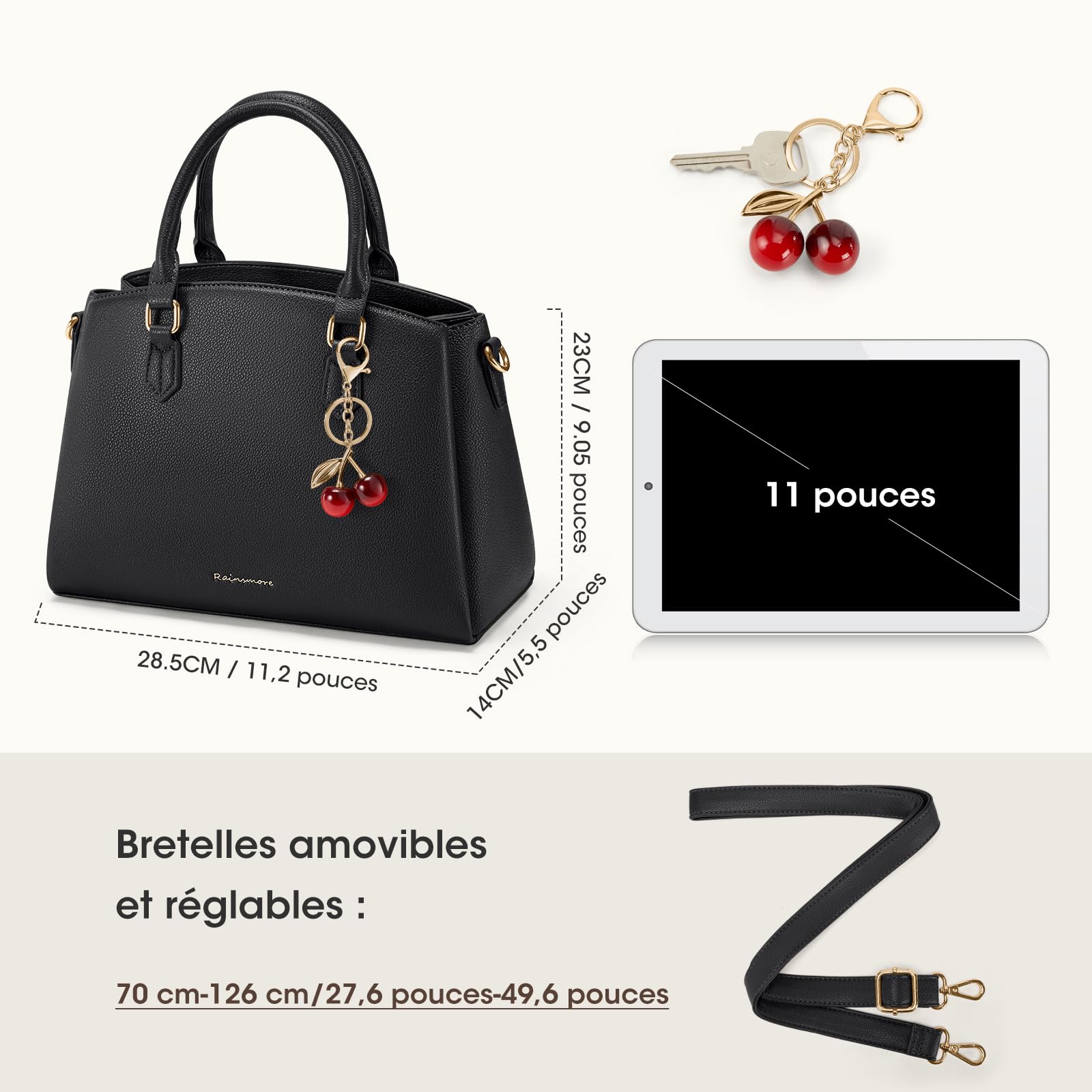 RAINSMORE Sac a Main Femme en Cuir PU Sac a Main avec Bandoulière Amovible Sac a Main Femme Cuir Convient pour Tablette 11 Pouces Sac à Main pour le Travail Shopping Noir