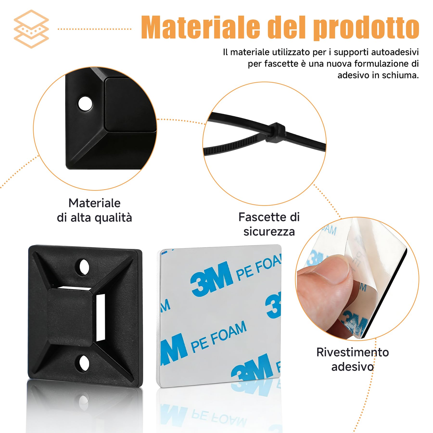 100 Pezzi Supporti Autoadesivi Neri per Fascette con 100 Fascette, Basi Fermacavi Adesive Extra Forte per Cable Management PC, Gaming Setup e TV, 18x18mm, Nero