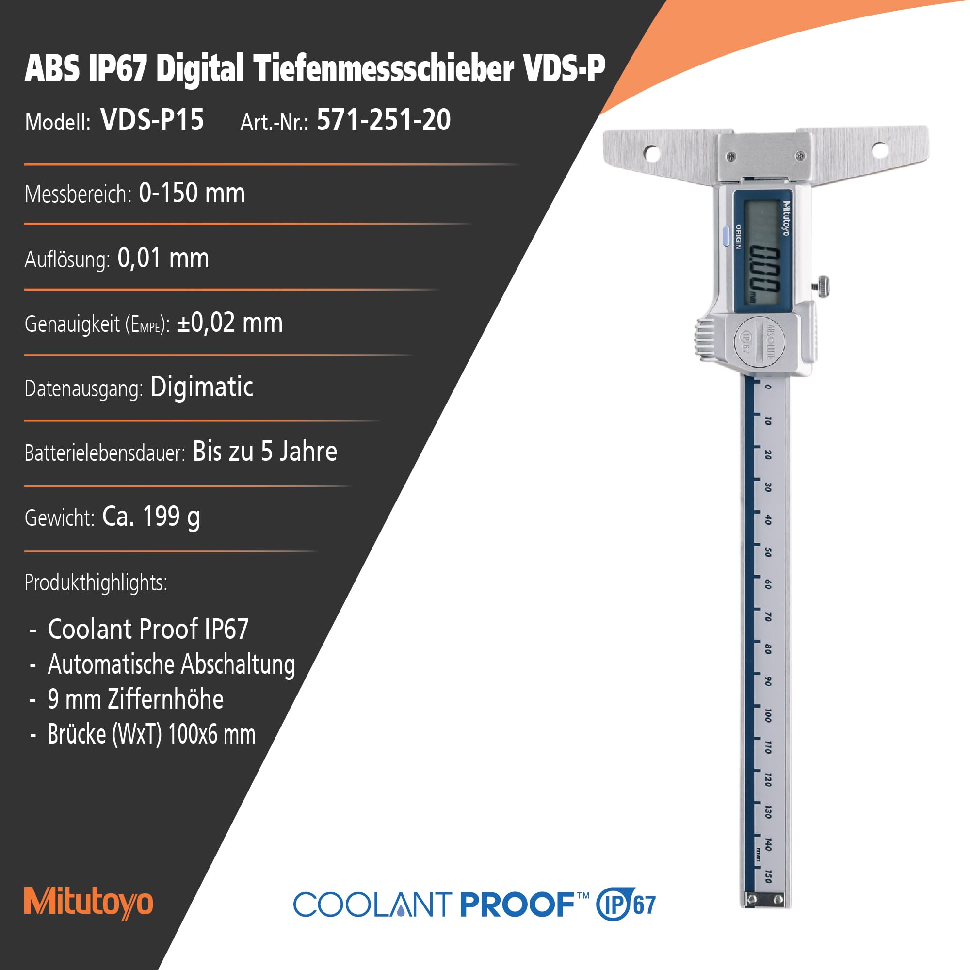 Mitutoyo Digital ABS Tiefenmessschieber IP67, 0-150 mm | 0,01 mm, Tiefenmessung, Datenausgang, IP67