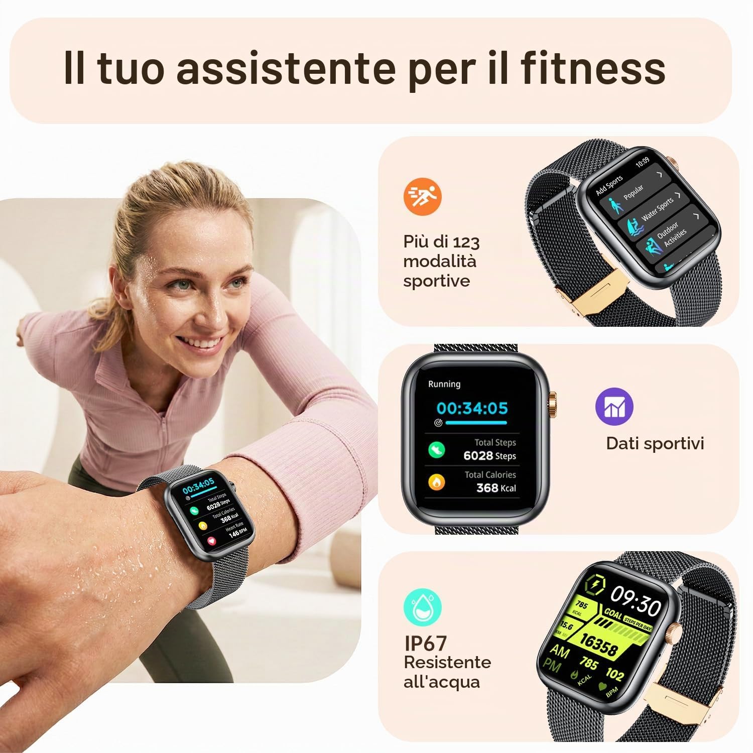Smartwatch Donna con Effettua orologio Chiamate: 1.83" Smart Watch con Bluetooth5.2 Contapassi Sonno 123+ Modalità Sportivo Fitness Tracker IP68 Impermeabile WhatsApp Notifice Compatibile Android iOS