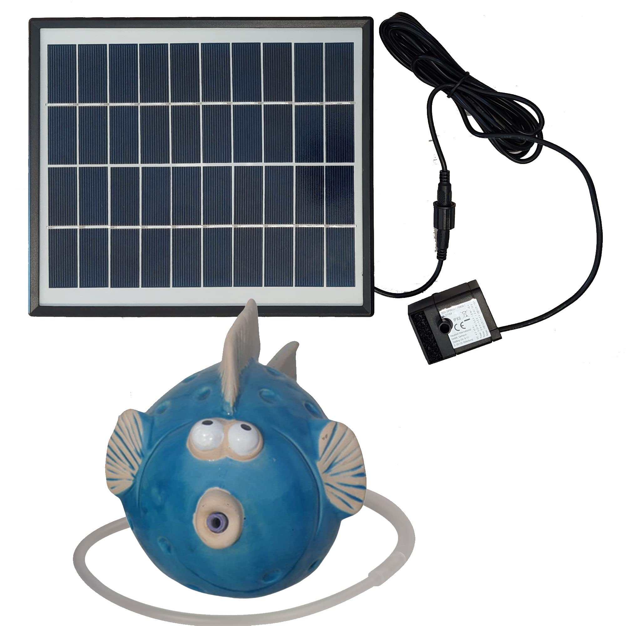 Storm's Gartenzaubereien Wasserspeier Fisch blau mit Akku Solarpumpe 12cm aus Keramik Laufzeit ohne Sonne 4-5 Stunden für Miniteiche