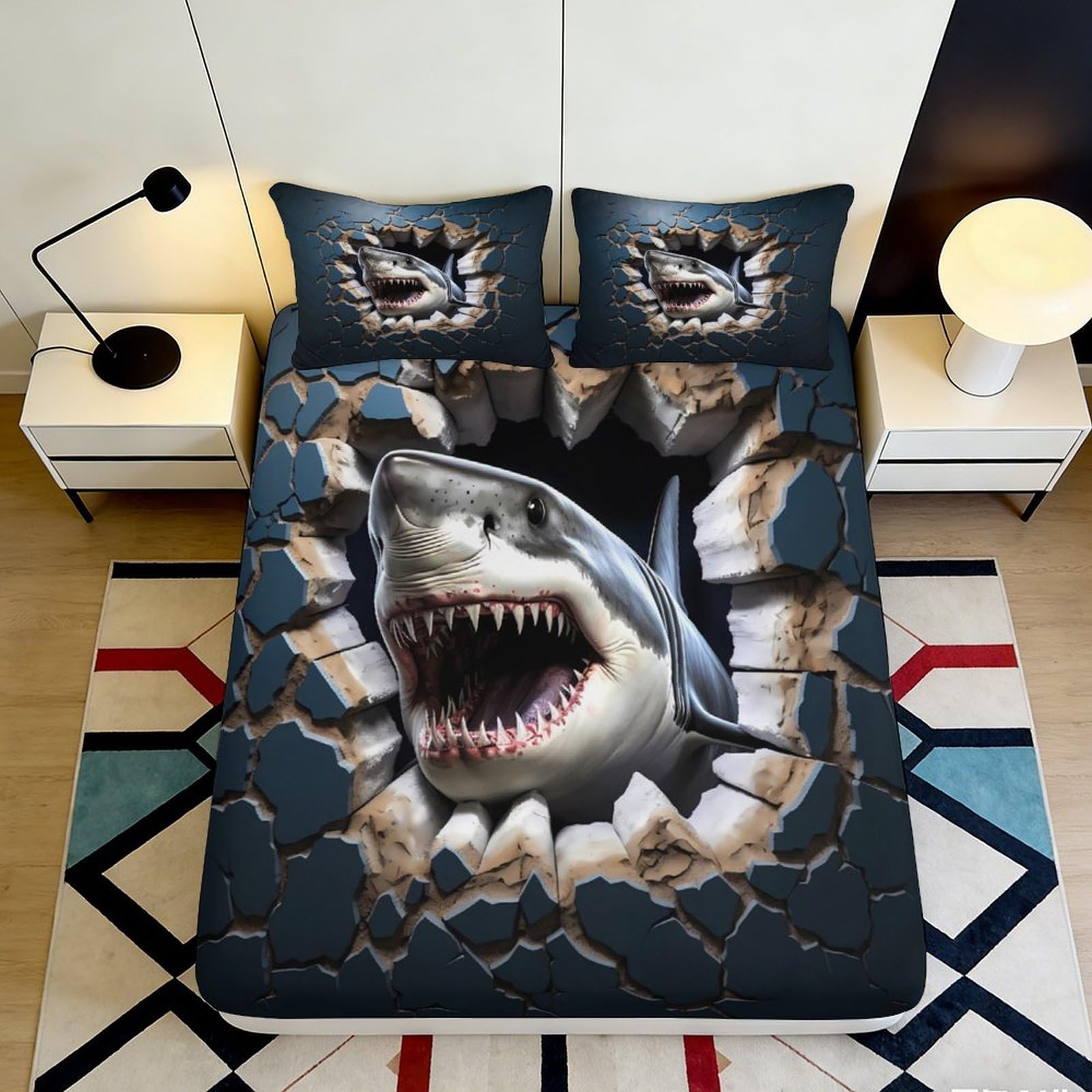 Jqzkxnhpbr Style-4 3D Printed Shark Attack Fitted Sheet Microfiber Soft Black Cracked Wall Mattress Cover For Bedroom Dorm Room Decor 90X200x25cm
