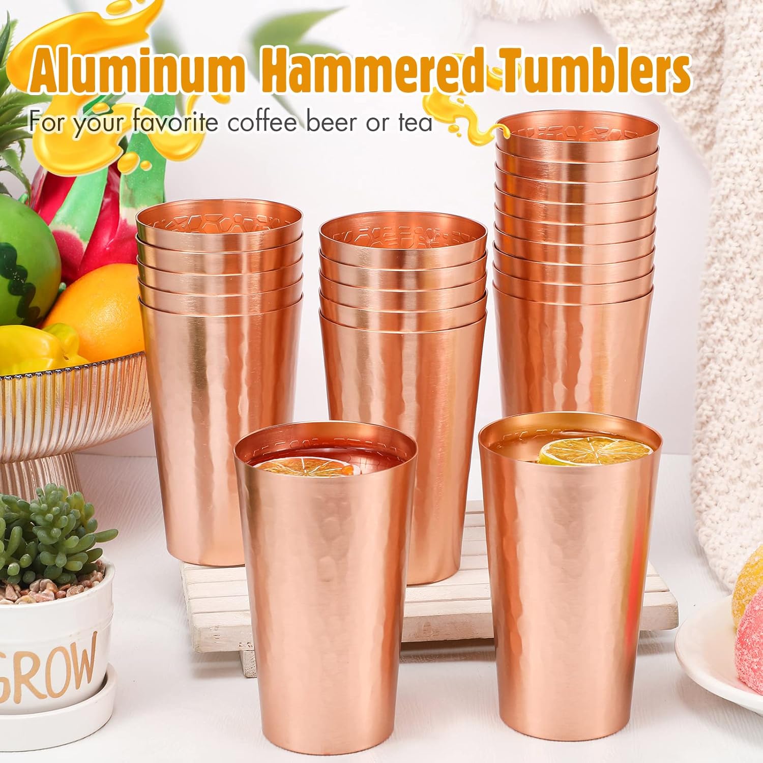 Geosar 24 Pcs Aluminum Cold Drink Cups 15oz Stackable Metal Cups Retro Aluminum Water Tumblers Set Iced Coffee Beer Hammered Tumblers for Birthday Party Camping Travel Outdoors Supplies(Copper) - Image 3