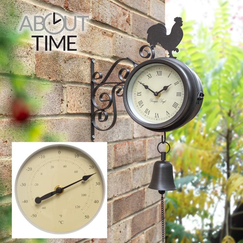 About Time Bracket Mounted Cockerel and Bell Garden Outdoor Clock and