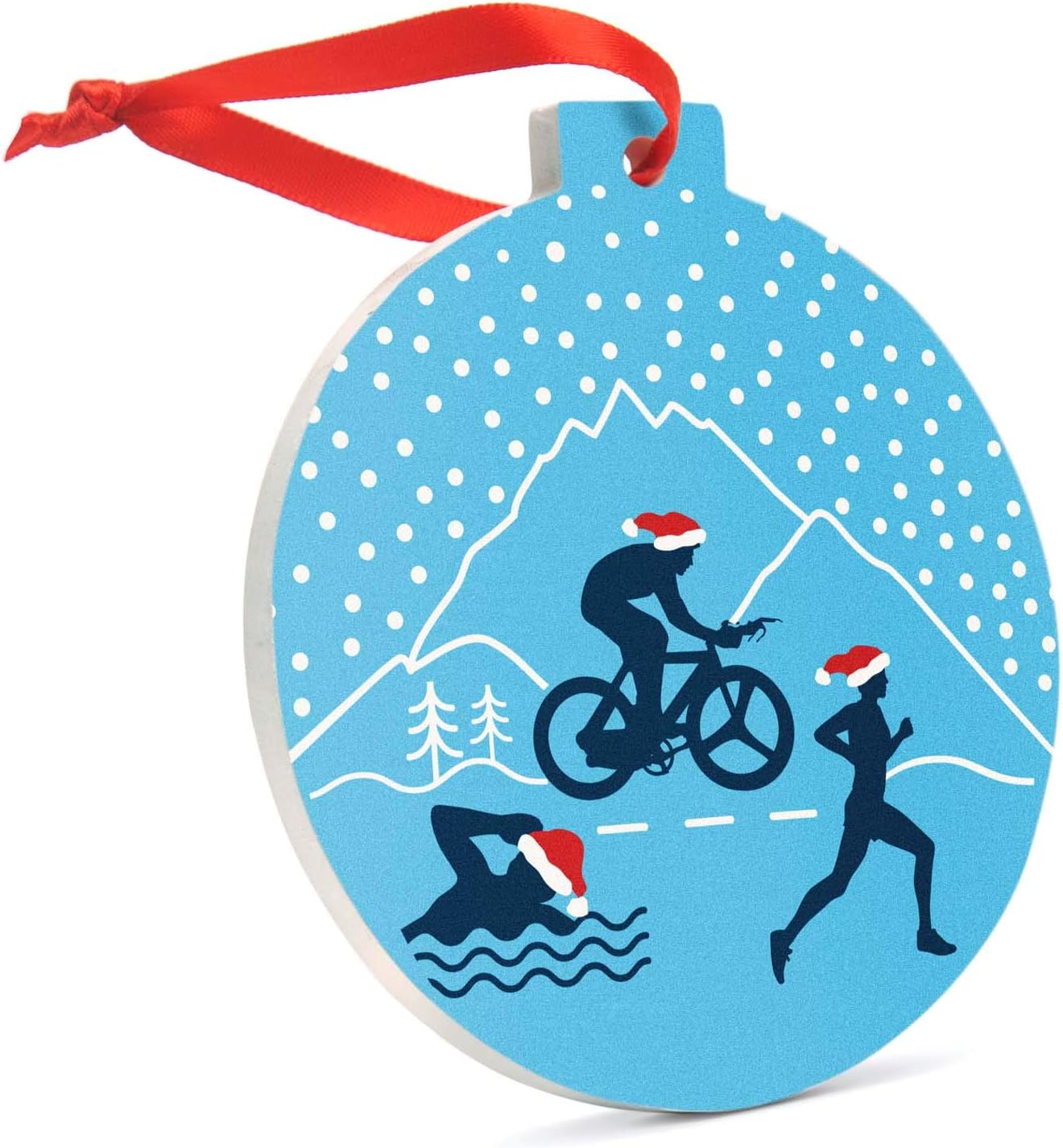 Gone For a Run Silhouette with Santa Hat Ornament | Triathlon Porcelain Ornaments | Blue