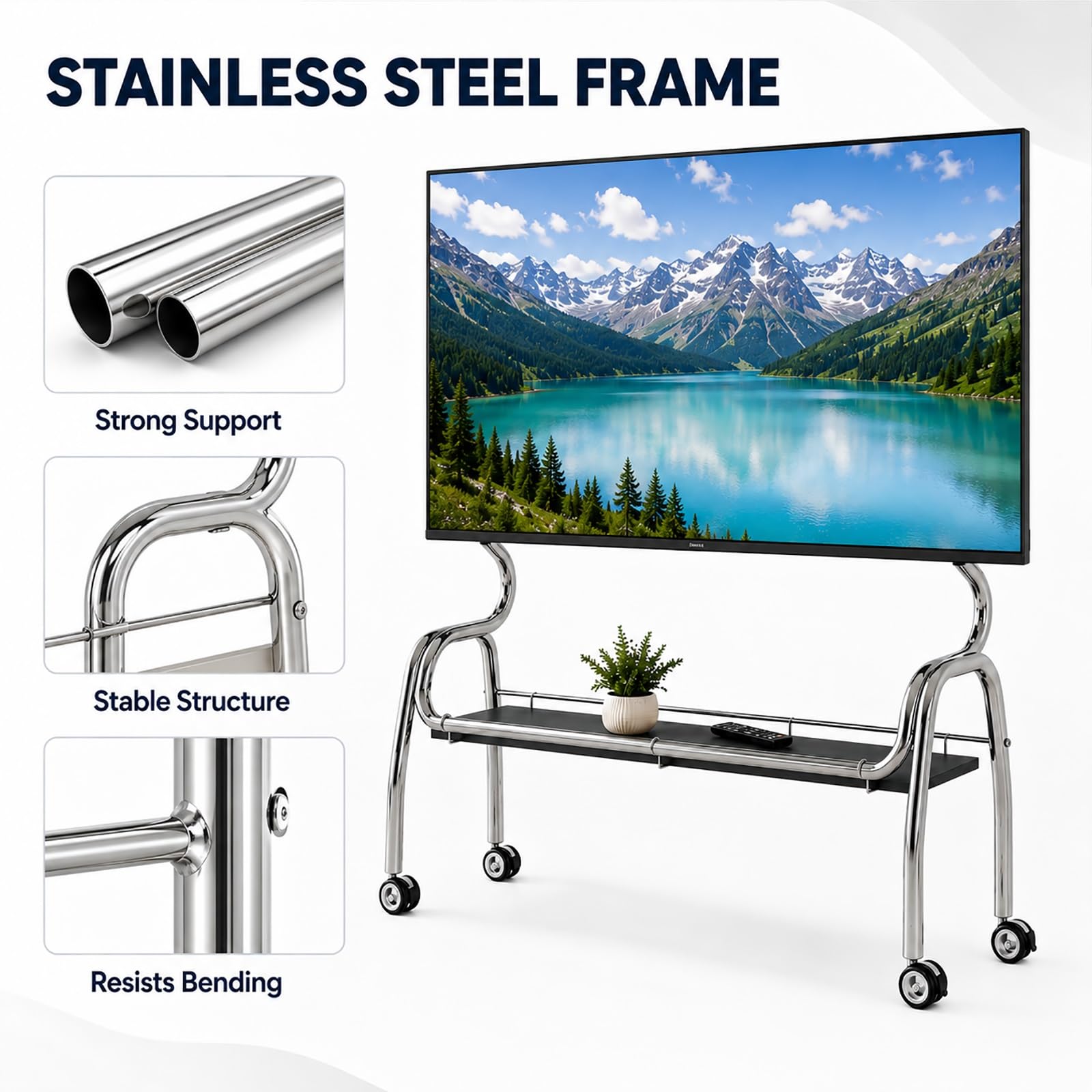 Carrello TV Mobile Portatile, Supporto TV con Ruote | Acciaio Inossidabile, Ruote con Blocco e Mensola Portaoggetti per TV da 32–75 Pollici(White,120cm/47in)