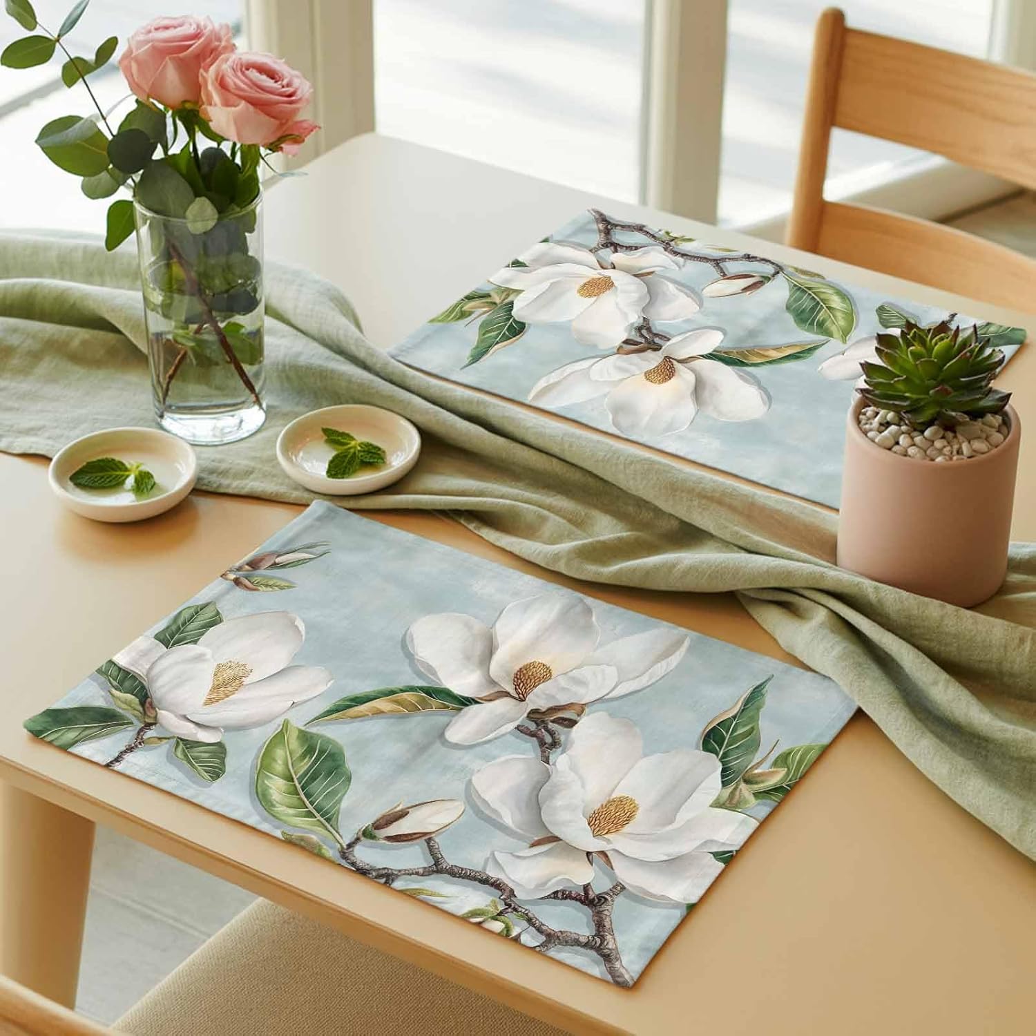 Farmhouse Placemats Set of 12,Heat-Proof Non-Slip Table Mats Blossom Flower Magnolia Washable Wipeable Linen Placemat for Kitchen Dining Indoor Outdoor Tables Decor,Retro Floral Oil Painting