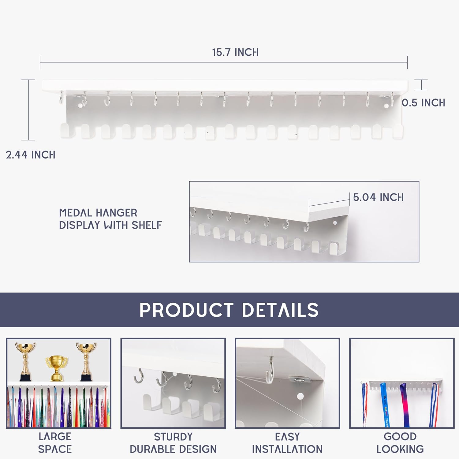 Defined Deco Medal Hanger and Trophy Shelf With 32 Hooks - Wooden Holder for Wall Mount Ribbon Display - Rack for Gymnastics, Soccer, Running Race Medals and Awards