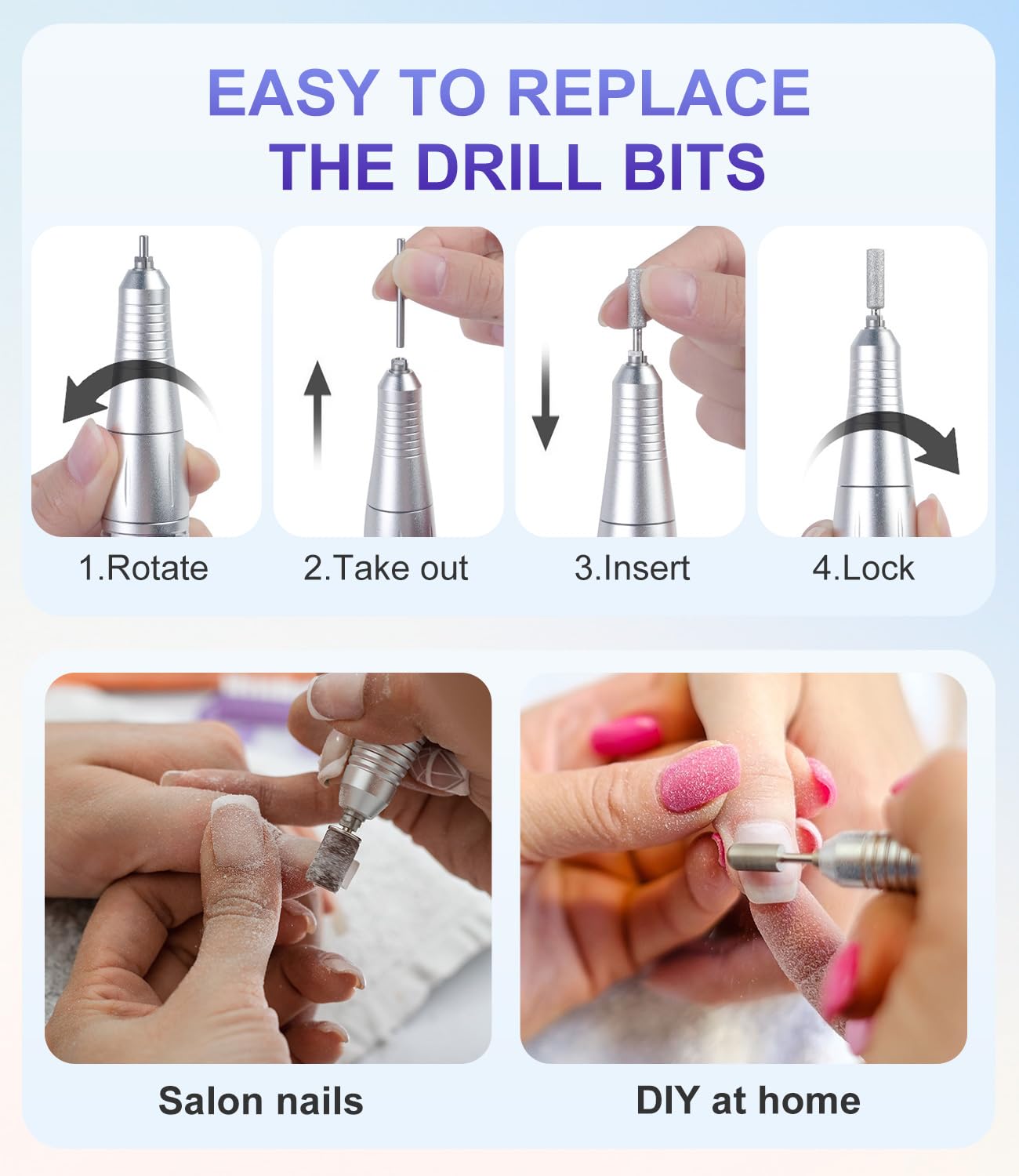 Portable Nail Drill Professional 45000 RPM, Rechargeable Electric Nail File Machine E File for Acrylic Gel Polishing Removing, Cordless E-File with Bits Kit for Manicure Salon Home