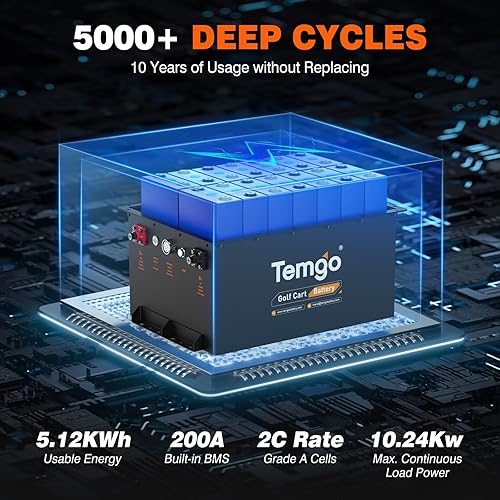 Miniatura 3 de Batería de litio para carrito de golf de 48 V, batería TEMGO LiFePO4 de 51.2 voltios y 100 Ah, Bluetooth integrado 200A BMS, incluye cargador de