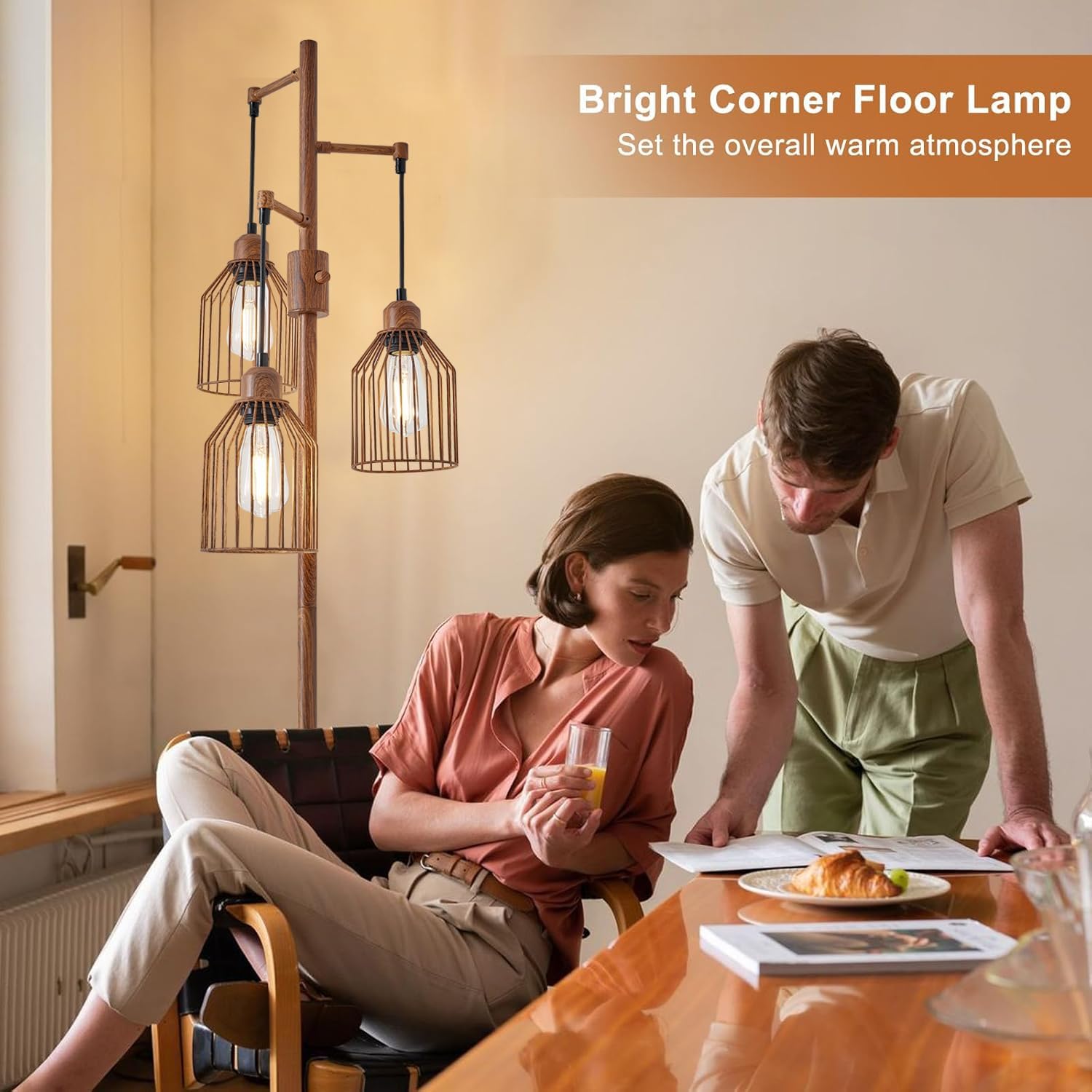 Dimmable Floor Lamp for Living Room, Farmhouse Floor Lamps with Elegant Hanging Cage, 3 x LED Edison Bulbs Included, 68.5" Industrial Standing Light for Bedroom Office Home Decor (Wood)