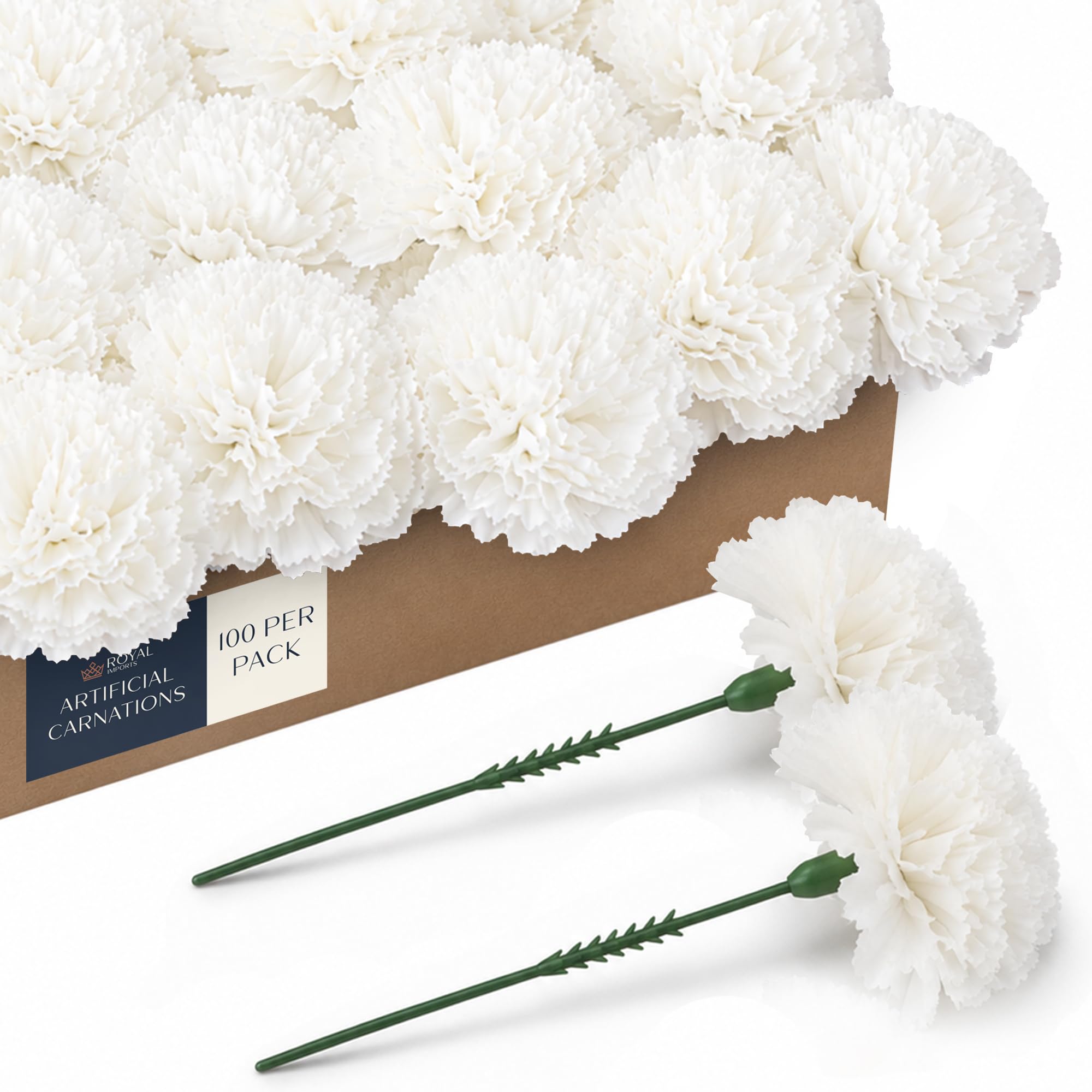 Royal Imports 100 White Silk Carnations, Artificial Fake Flower For Bouquets, Weddings, Cemetery, Crafts & Wreaths, 5" Stem Pick (Bulk)