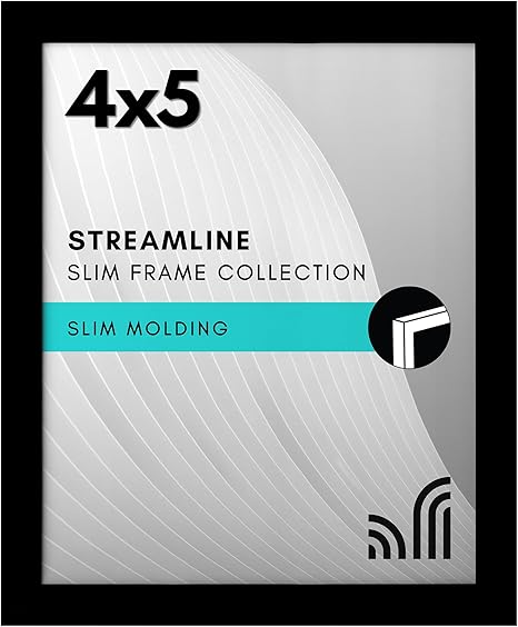 Americanflat 4x5 Picture Frame with Shatter-Resistant Glass - Streamline Collection - Thin Border Photo Frame for Tabletop and Wall Display - Hanging Hardware and Easel Stand Included - Black