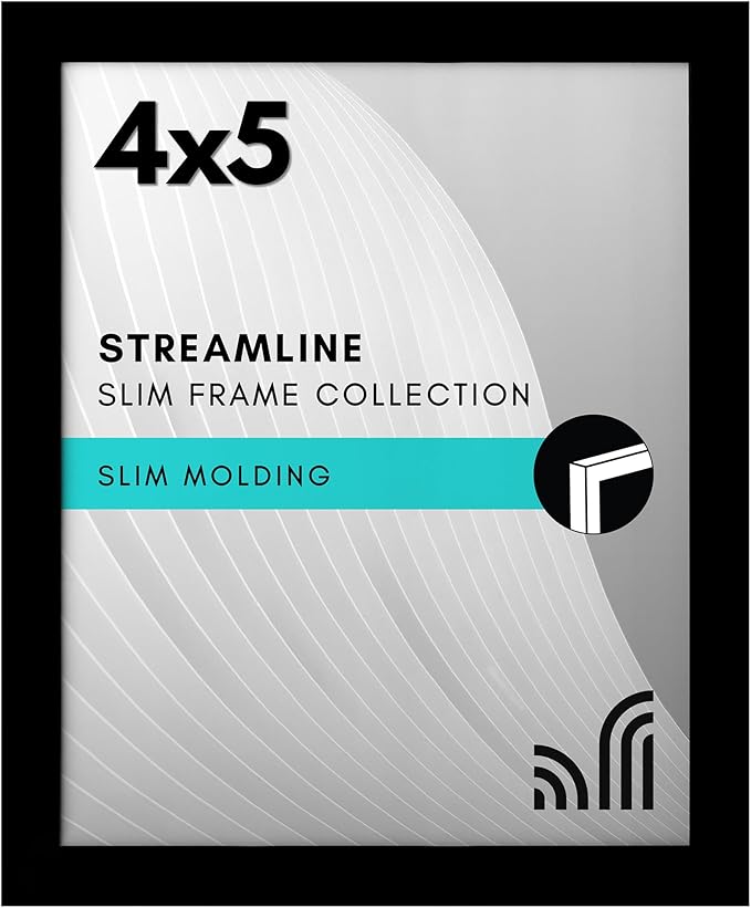 Americanflat 4x5 Picture Frame with Shatter-Resistant Glass - Streamline Collection - Thin Border Photo Frame for Tabletop and Wall Display - Hanging Hardware and Easel Stand Included - Black