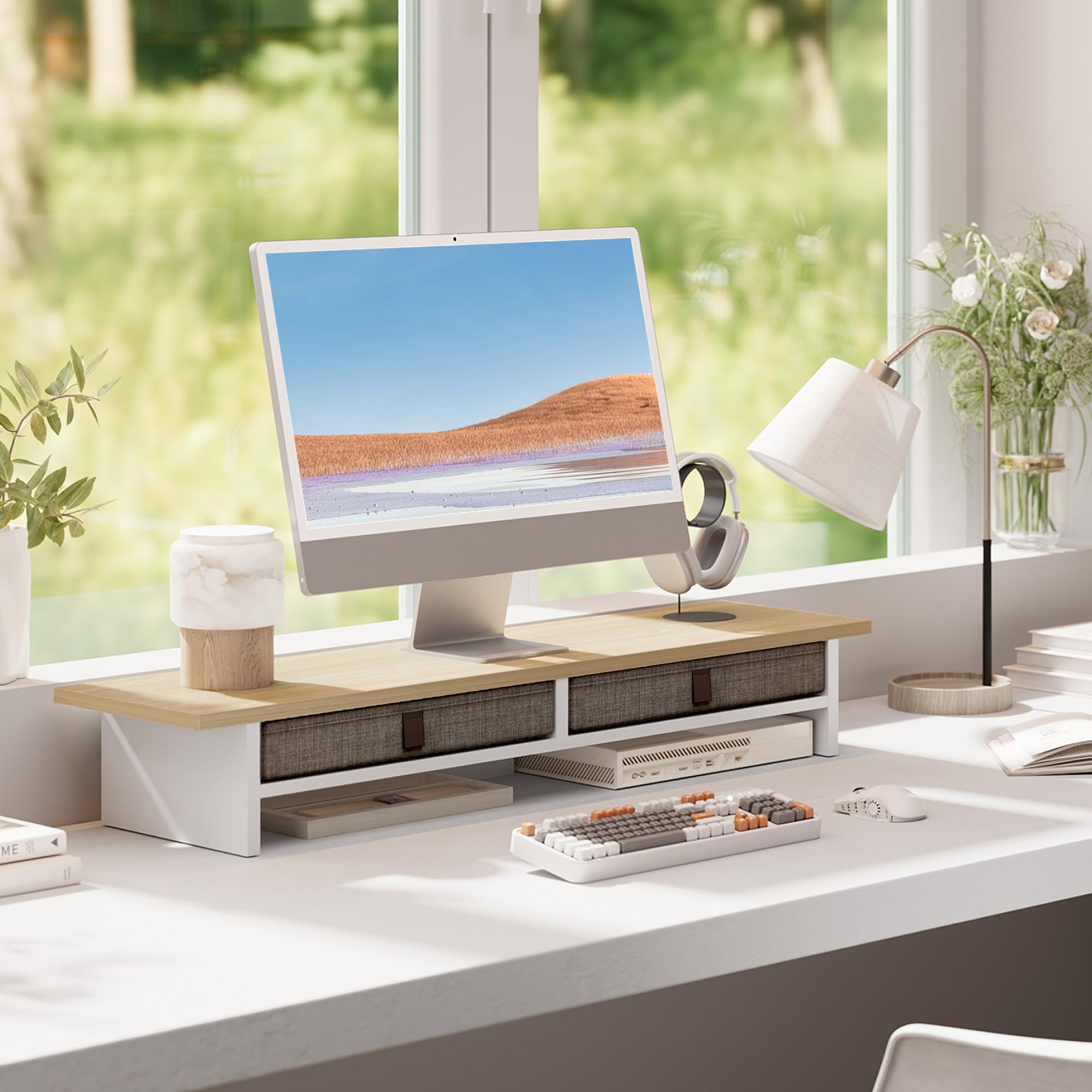 Fenge Dual Monitorständer Riser 2 Etagen Computer Monitor Ständer mit Schublade für PC Laptop Drucker TV, 90x23,5x14,2cm Tragfähigkeit 25KG (Eiche)