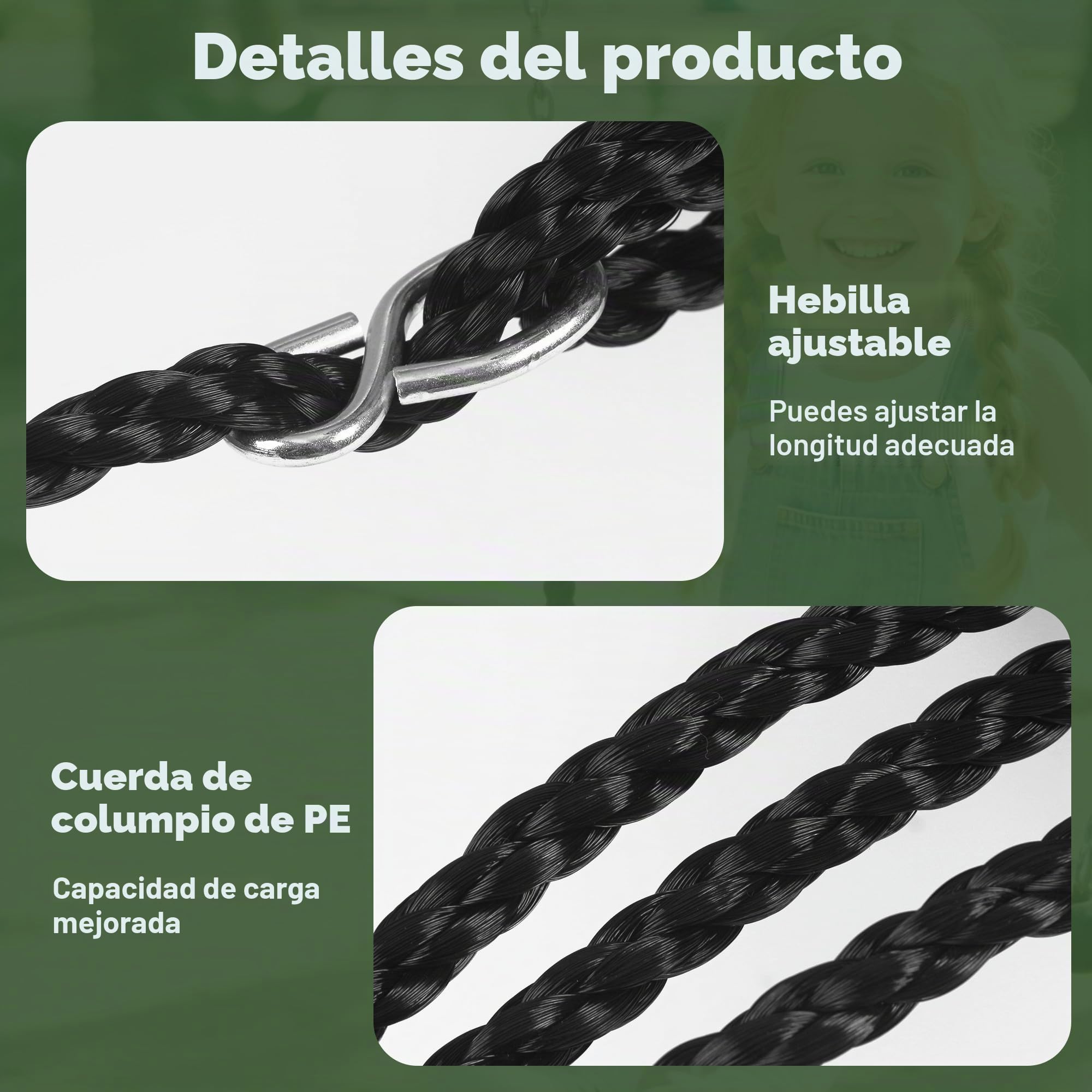 Columpio infantil, Asiento columpio para exterior e interior, con 2 cuerdas para colgar y 2 mosquetones, altura regulable, tablero de plástico antideslizante, apto para niños mayores de 3 años (Negro)