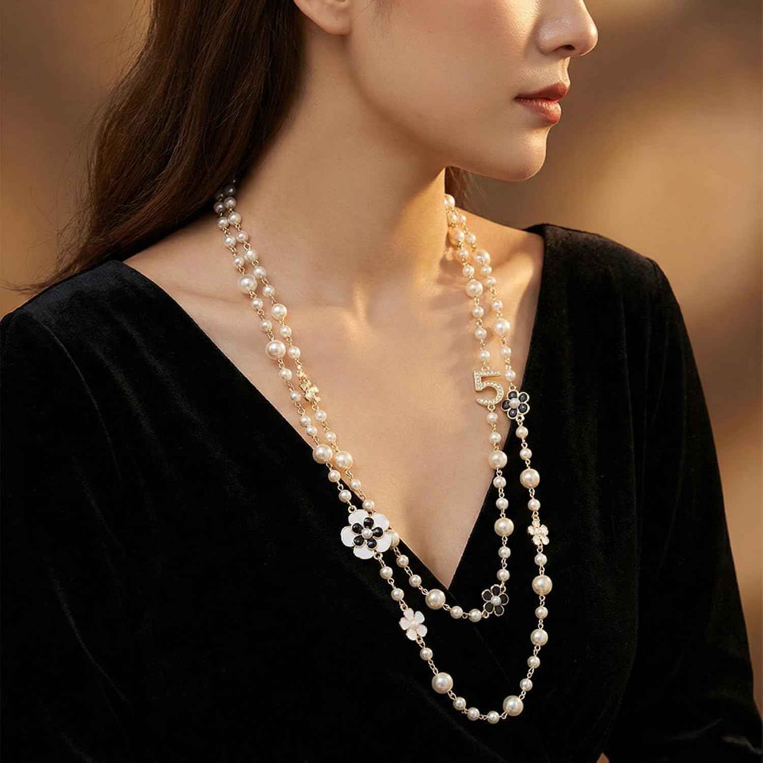 Long Pearl Necklaces for Women, Vintage Layered Camellia Flower Necklace with Number 5 Charm, Elegant Faux Pearl Sweater Necklace for Women Party Costume Jewelry Gift