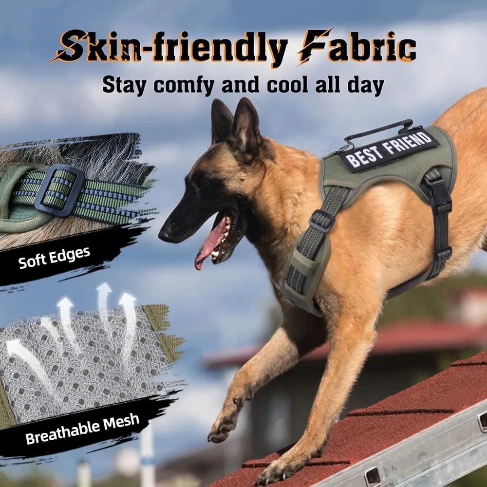 Tactical Dog Harness with Leash for Large Dogs, No Pull Adjustable Dog Harness, Reflective K9 Working Pet Vest for Walking, Training (Army Green, L)